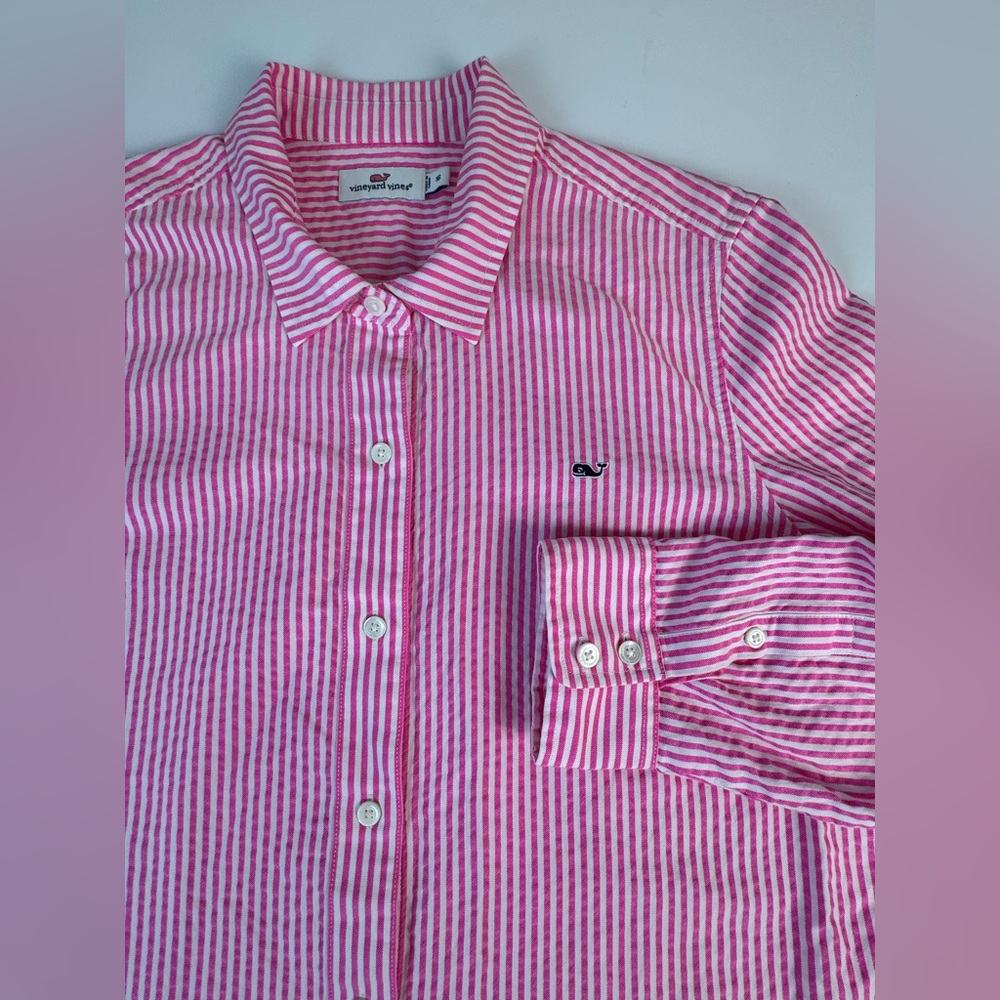Vineyard Vines Button Down Hot Pink And White Size 16 Womens Logo Cotton Euc